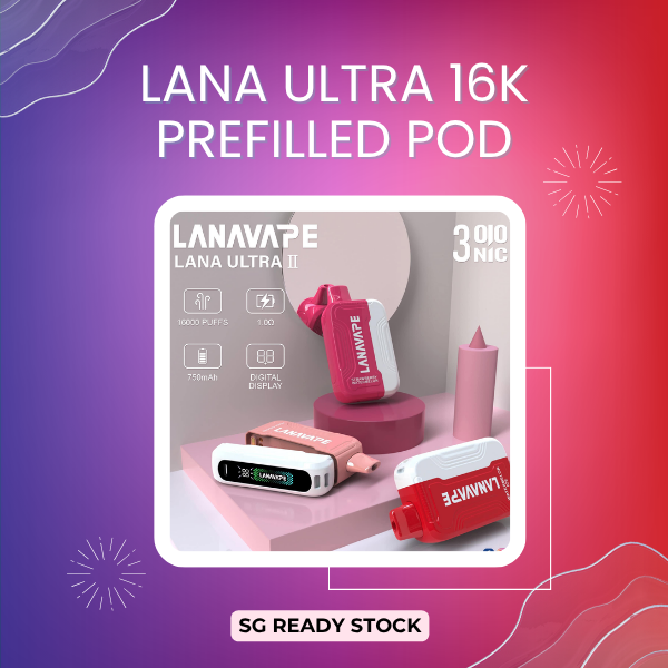 Lana Ultra 2 16000 Puffs swappable disposable vape device showing the smart digital display screen and Type-C base