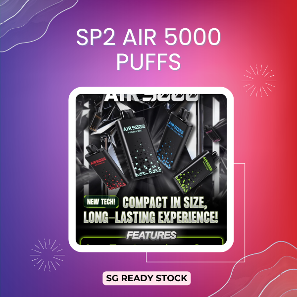 SP2 Air 5000 Puffs rechargeable disposable vape device showing its sleek modern chassis and adjustable airflow control.