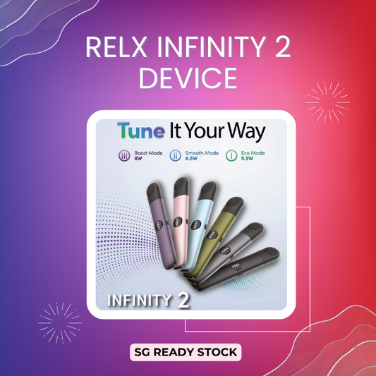 RELX Infinity 2 Plus Device in premium metallic color showing 4-stage LED battery indicator lights