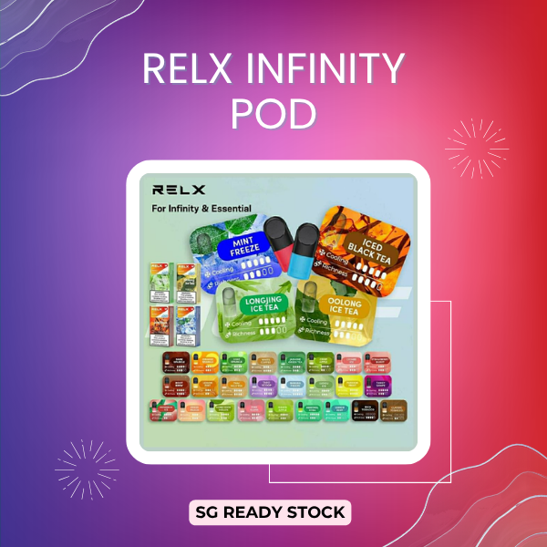 Relx Infinity Pod Pro packaging and e-liquid pod showcasing the ergonomic mouthpiece design