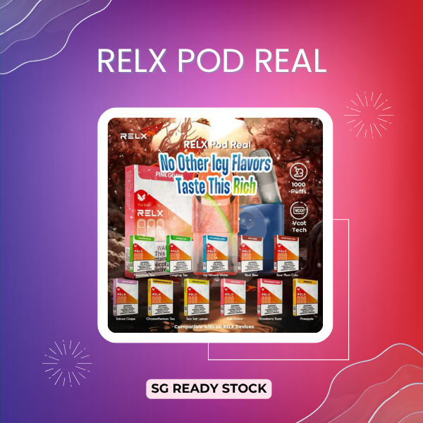 Authentic RELX Pod Real 3-pack packaging showing the visible e-liquid tank window and VCOT technology logo